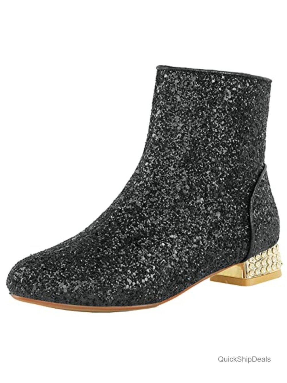 Sequined Ankle Boots Low Heel Chunky Block Heel Sparkly Glitter Booties Round